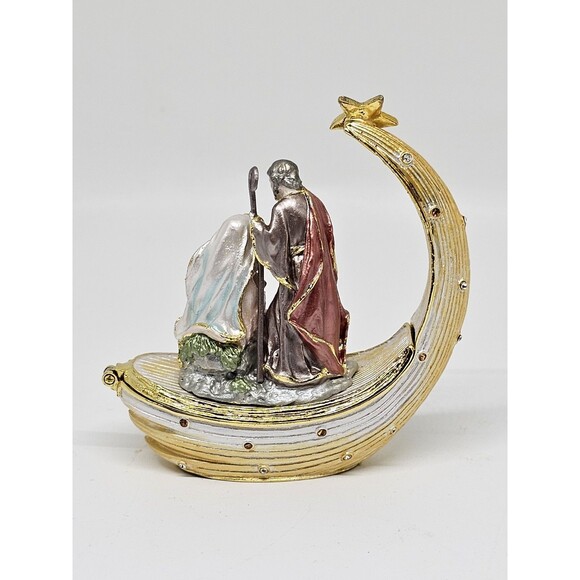 Nativity Scene Enameled Pewter Trinket Box with Rhinestones - Picture 3 of 10